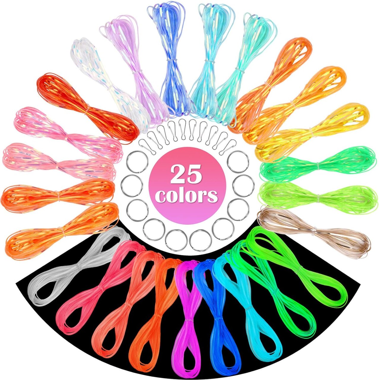 Lanyard String Kit, 25 Bundles Gimp String Plastic Lacing Cord with 20pcs Snap Clip Hooks and Keyrings for Boondoggle Crafts, Bracelets and Lanyard Weaving (Laser & Glow in Dark)